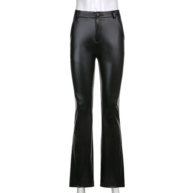 BOOFEENAA Sexy Black PU Leather Trousers Trendy Clothes for Women Streetwear Goth Female High Waist Flare Pants C67-EE30