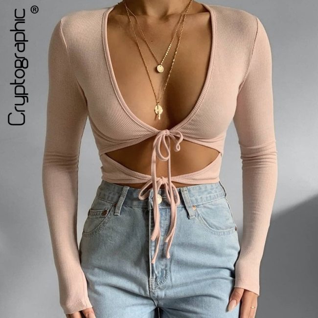 Cryptographic Bandage V-Neck Tie Front Top Women Long Sleeve Fall 2020 Ribbed Knit Sexy Tops Shirts Women's Clothing Streetwear