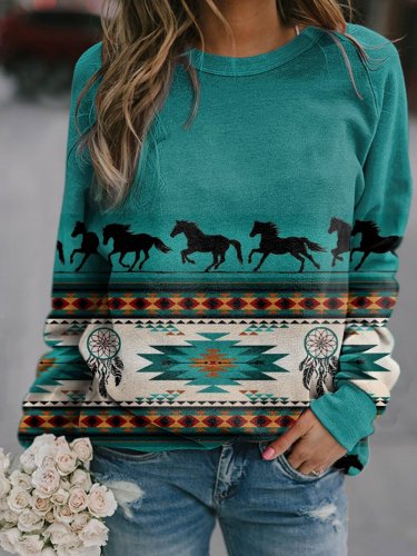 Women's Vintage Geometric Horse Dream Catcher Print Sweatshirt