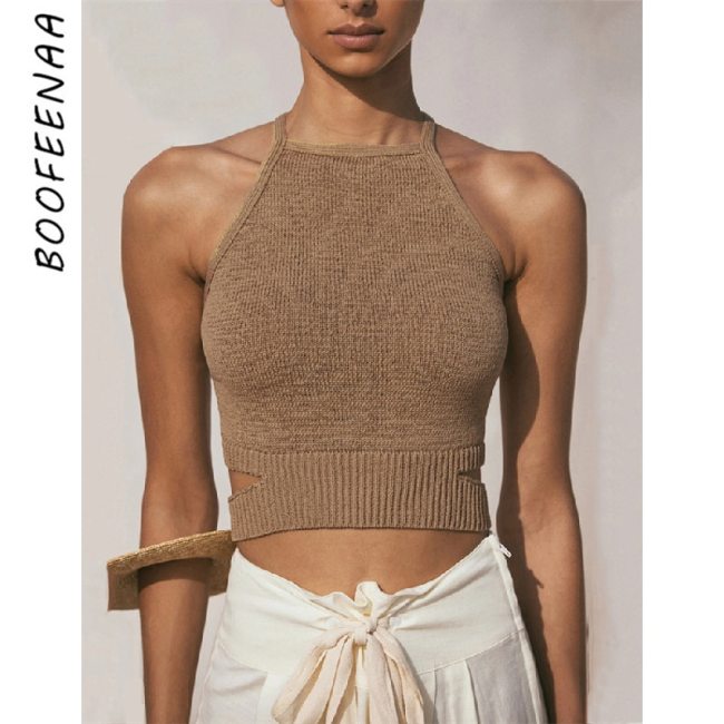 BOOFEENAA Sexy Brown Knitted Backless Halter Top Camisoles Resort Wear 2021 Cutout Cropped Sweater Vest Tank Tops C97-CB19