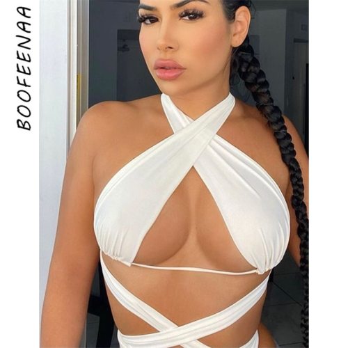 BOOFEENAA Sexy Bralette Crop Tops for Women Party Club Wear White Black Cross Halter Open Back Bandage Tank Top C16-AE10
