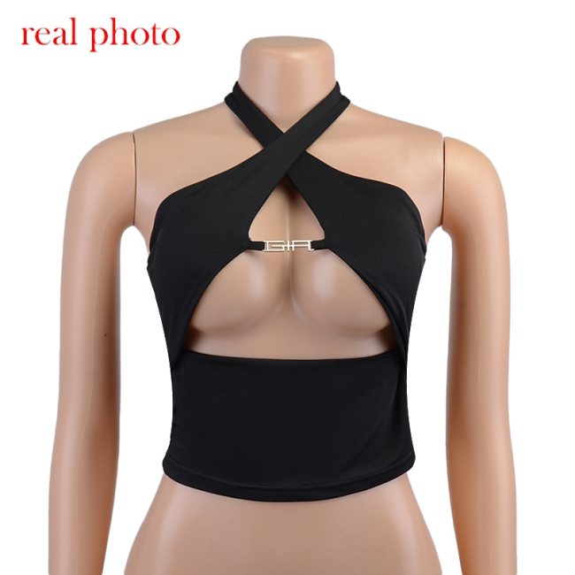 Cryptographic Fashion Metal Chain Sexy Halter Crop Tops for Women Sleeveless Backless Cut-Out Top Cropped Club Party Outfits