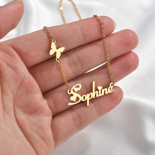 Goxijite Fashion Custom Stainless Steel Name Necklace With Butterfly For Women Personalized Letter Gold Choker Necklace Gift