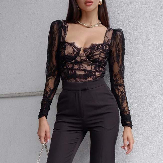 BOOFEENAA Sexy Black Lace Mesh Long Sleeve Shirts for Women Spring 2021 Trend Fashion Vintage Crop Top Blouses C66-CA13