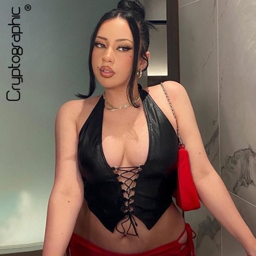Cryptographic PU Leather Sexy Bandage Halter Lace Up Crop Tops for Women Sleeveless Club Party Tank Top Slim Streetwear Punk