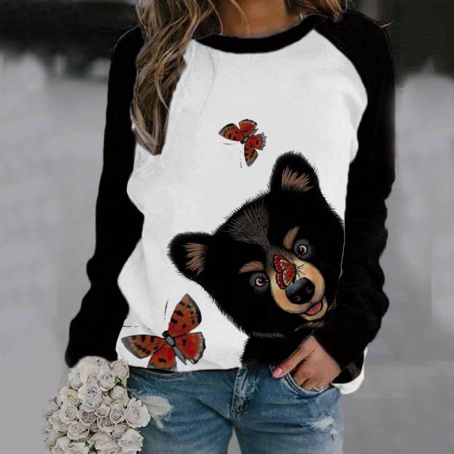 Women's Animal Bear Butterfly Pattern Print Round Neck Sweater
