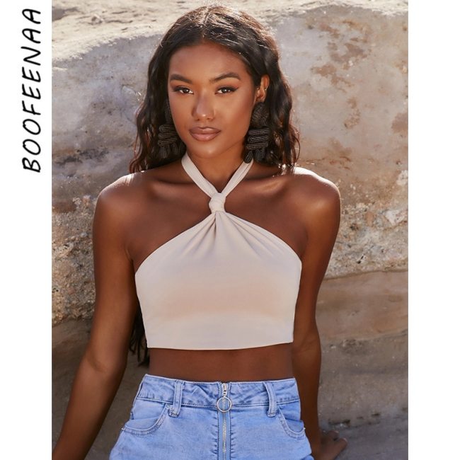 BOOFEENAA Backless Halter Twist Front Crop Top Summer Clothes for Women Vacation Beachwear Sexy Streetwear Tank Tops C98-AH10