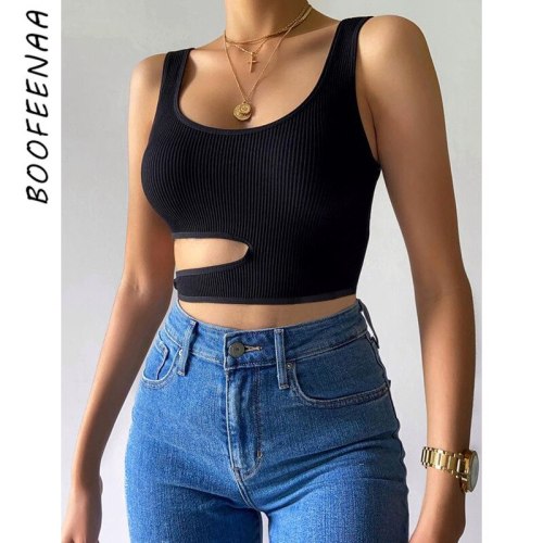 BOOFEENAA Sexy Cut Out Slim Fit Crop Top Summer Clothes for Women Basic Solid Color Ribbed Knitted Tank Tops 2021 C87-AD10