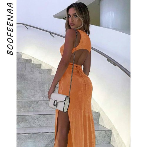 BOOFEENAA Sexy Knitted Open Back Long Dresses for Women Party Night Club Outfits Elegant Sleeveless Slit Bodycon Dress C66-CZ23