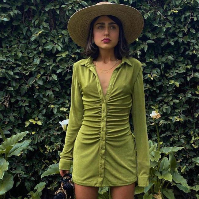 Cryptographic Turn-Down Collar Green Women Shirt Dresses Club Party Long Sleeve Button Mini Dress Holiday 2021 Spring Streetwear