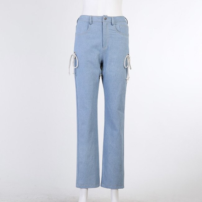 BOOFEENAA Sexy Cutout Tie Up Mom Jeans Woman Streetwear High Waist Blue Denim Straight Trousers Y2k Pants Spring 2021 C69-GZ66