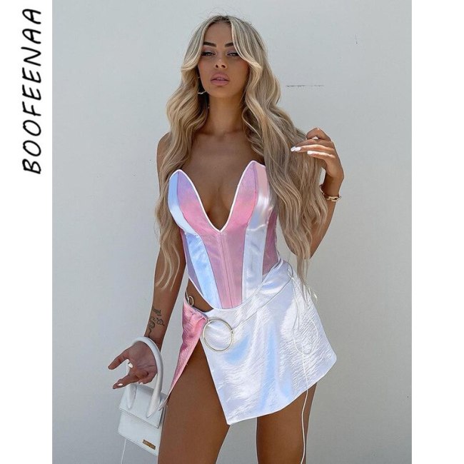 BOOFEENAA Underwire Corset Top White Pink Patchwork Backless Deep V Tube Top Going Out Club Wear Crop Tops Summer 2021 C85-BD10