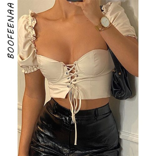 BOOFEENAA Short Sleeve Square Neck Lace Up Bandage Busiter Crop Top Vintage Sexy Summer Clothes for Women T Shirt C83-CZ13