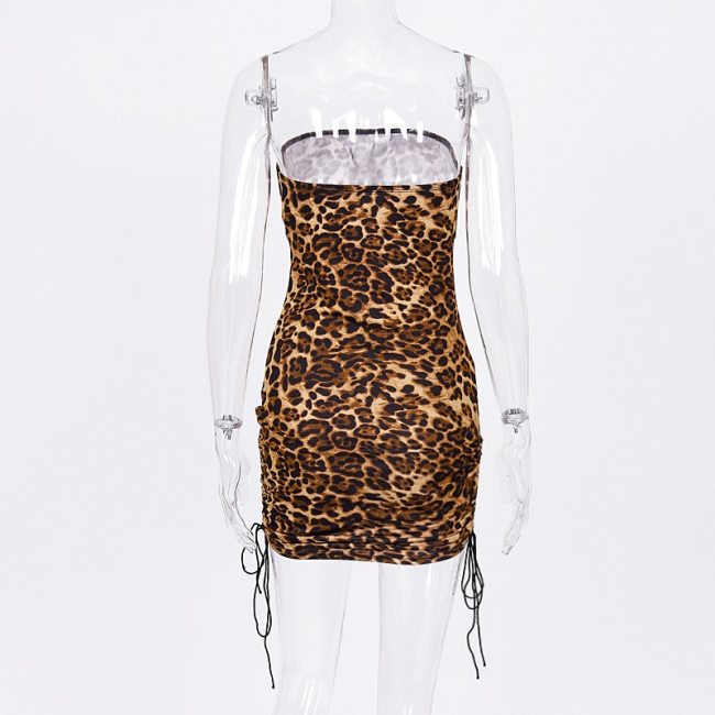 BOOFEENAA Cheetah Print Sexy Dress Open Back Strapless Drawstring Ruched Mini Bodycon Dresses Leapard Clubwear C70-I71