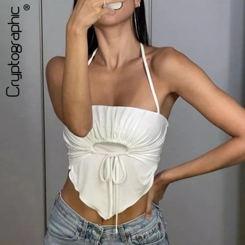 Cryptographic Sleeveless Summer Sexy Halter Crop Tops Women Ruched Backless Tie Front Top Cropped Streetwear Clothing