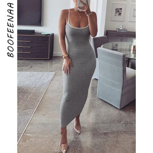 BOOFEENAA Sexy Sleeveless Bodycon Long Dress Autumn Winter Elegant Classic Ribbed Knitted Sweater Dresses Party Night Club C83H9