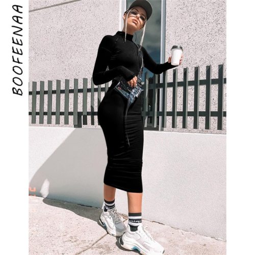 BOOFEENAA Front Zip Long Sleeve Black Dress Bodycon Tight Fitted Women Dresses Neon Green 2019 Fashion Streetwear C83-AD93