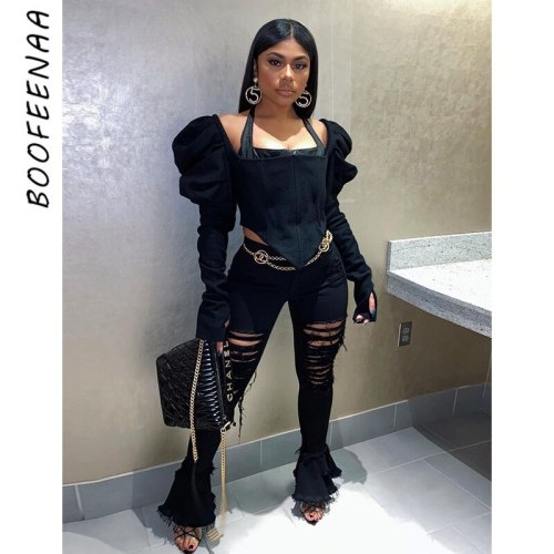 BOOFEENAA Black Corset Crop Top Vintage Sexy Square Neck Back Zipper Puffy Long Sleeve Shirts for Women Goth Blouse C85-CE27