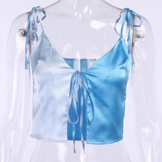 BOOFEENAA Color Block Blue Satin Sexy Crop Top Summer Clothes Women Shirts Clubwear Tie Front Camis Deep V Tank Tops C76-I08