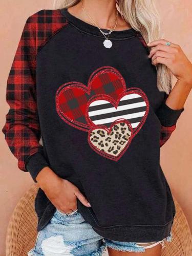 Women's Valentine's Day Check Love Heart Printed Color Block Sweatshirt