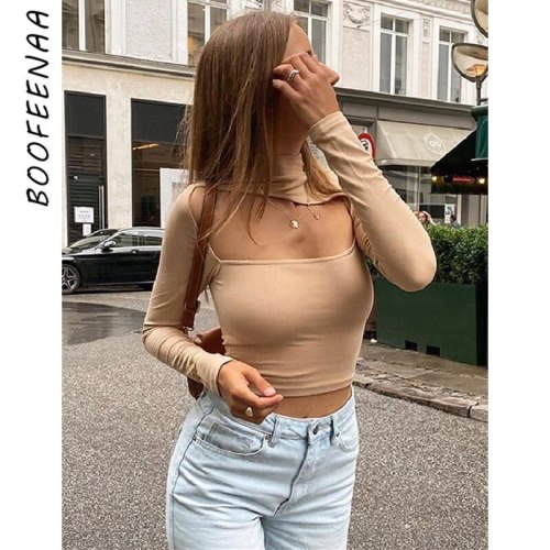 BOOFEENAA Sexy Hollow Out Turtleneck Long Sleeve Crop Tops Women Fall 2020 French Style Woman Ribbed Knitted Tshirts C71-CZ20