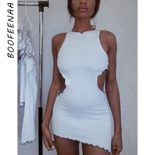 BOOFEENAA Sexy Clubwear Dress White Black Hollow Out Sleeveless Mini Dress Summer 2021 Fashion Asymmetric Bodycon Dress C16-BZ15
