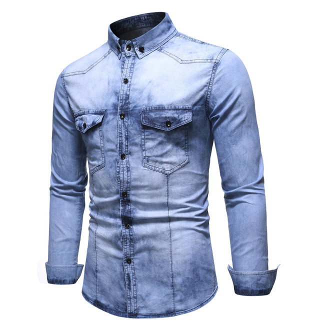 Washed retro denim long-sleeved casual fashion denim shirt