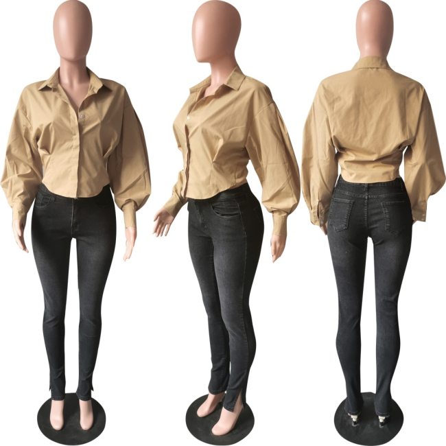 BOOFEENAA Vintage Sexy Lantern Sleeve Blouse Plus Size Women Clothing Button Up Long Sleeve Shirts Fashion Top 2021 C22-CE23
