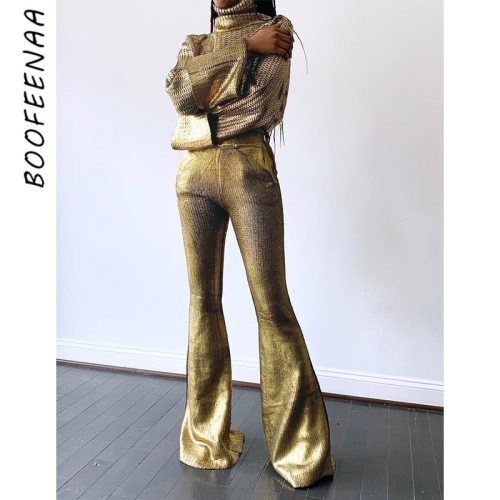 BOOFEENAA Metallic Solid Color High Waist Flare Pants Female Y2k Aesthetic Bottoms Streetwear Women Party Club Trousers C87-CF30