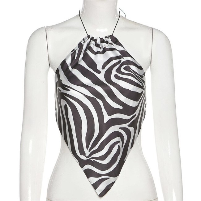 BOOFEENAA Zebra Stripe Print Crop Top Sexy Cute Summer Clothes 2021 Women Beachwear Backless Halter Tanks Camis C83-AE10