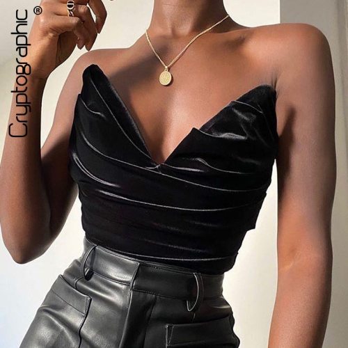 Cryptographic Sexy Strapless Black Velvet Draped Corset Backless Tanks Top Female Bustier Tube Vest Party Clubwear Women Tops