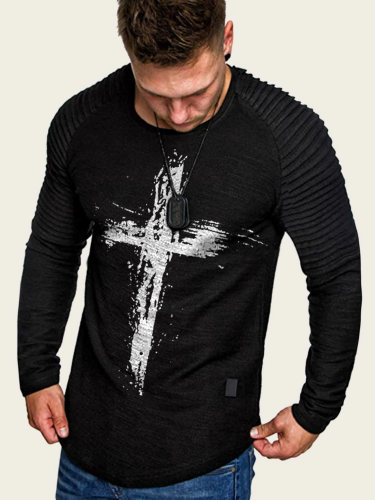 Men's Cross Printed Long Sleeves Joint Casual T-shirt