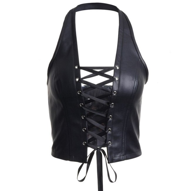 BOOFEENAA Black White PU Leather Sexy Crop Top Y2k Streetwear Halter Backless Lace Up Bandage Tank Tops Women Clothing C85-CZ13