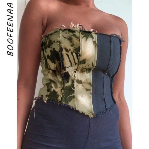 BOOFEENAA Tie Dye Patchwork Denim Crop Tank Top Women Clothes Streetwear Bustier Tops Sexy Club Wear C66-BB10