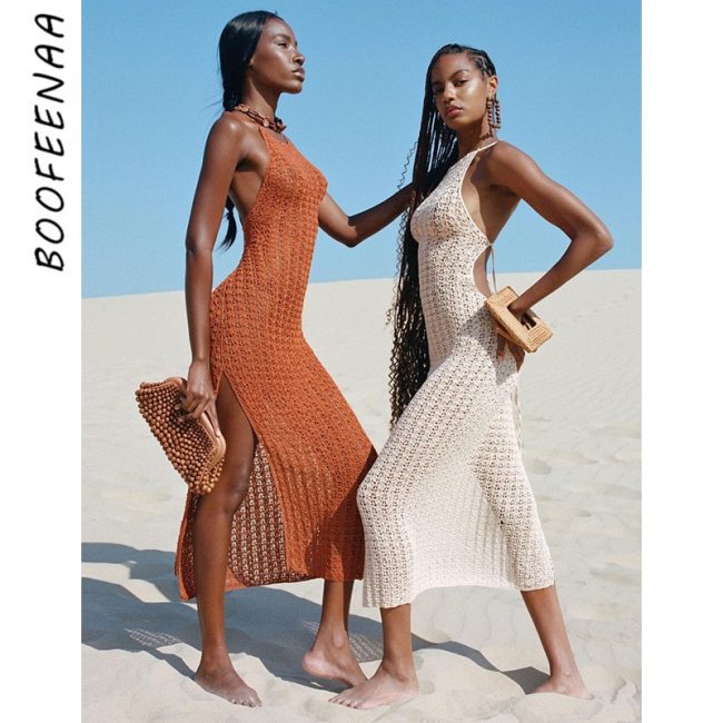BOOFEENAA Crochet Knitted Beach Vacation Dresses for Women 2021 Sexy Backless Halter Bodycon Long Dress with Split C69-DG21