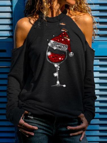 Ladies Red Wine Glass Christmas Hat Graphic Print Off Shoulder Long Sleeve T-Shirt
