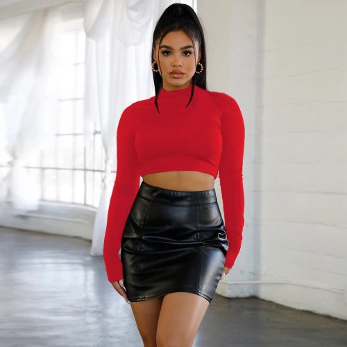 BOOFEENAA Turtleneck Long Sleeve Crop Top T Shirt Women Wholesale Clothes Spring 2020 Sexy Fitted Trendy Tops C32-G79