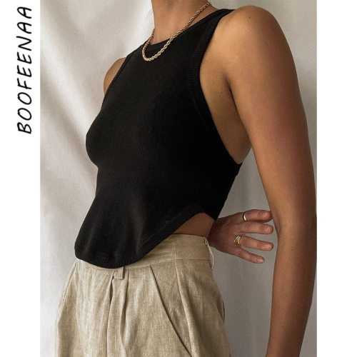 BOOFEENAA Sexy Solid Asymmetric Top White Black Ribbed Tank Top Street Fashion Women Clothing Active Wear Crop Tops C66-AF10