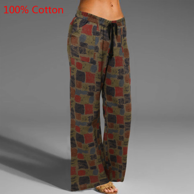Women Vintage Linen Long Trouser Casual Elastic Waist Solid Pantalon