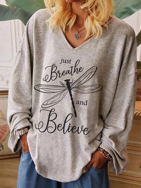 Women's Just Breathe and Believe print V-neck T-shirt