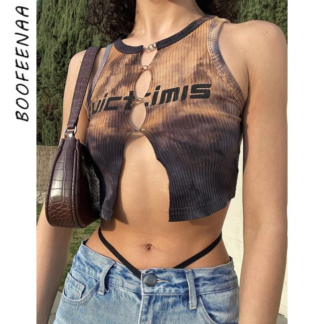 BOOFEENAA Sexy Summer Cut Out Tight Tank Tops Summer Clothes for Women Indie Aesthetic Letter Print Crop Top Rave Outfit C83BE10