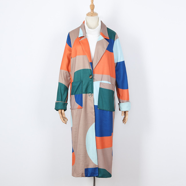 Wholesale S-3XL Women Lapel Color Matching Long-style Winter Coat