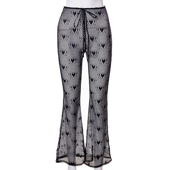 BOOFEENAA Sexy Hollow Out Mesh Flare Pants Women High Waist See Through Trousers Black Festival Clothing Boho Bottoms C85-BZ11