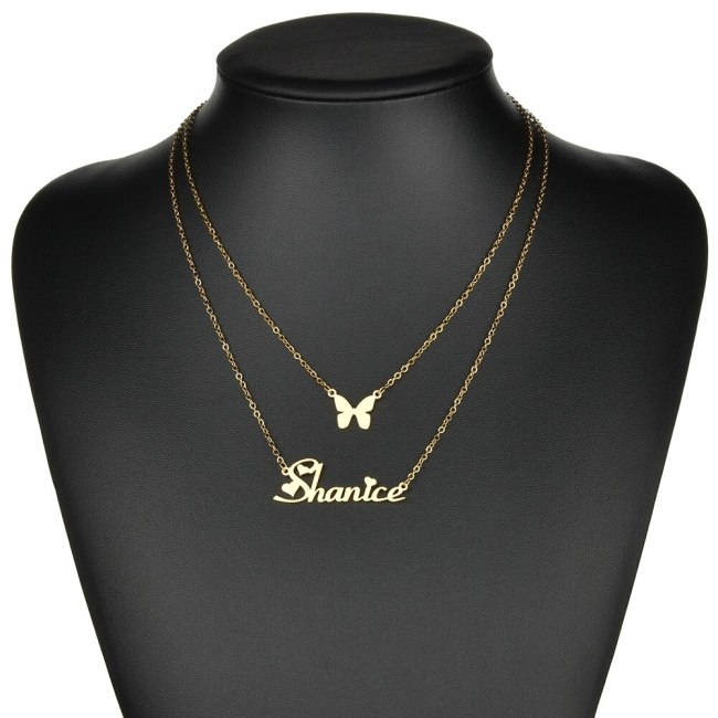 Goxijite Double Layer Name Necklace For Female Personalized Butterfly Initial Name 2 Layers Necklaces For Lover Jewelry Gift