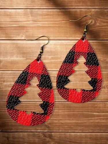 Plaid Hollow Out Christmas Tree Leather Earrings