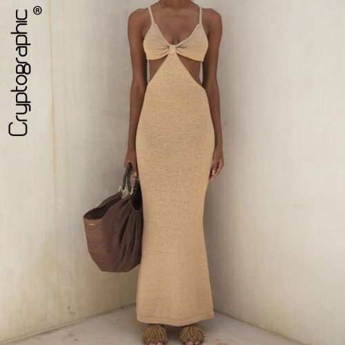Cryptographic Spaghetti Strap Sexy Backless Maxi Dresses See Through Sexy Women Dresses Party Club Elegant Hollow Dress Sundress