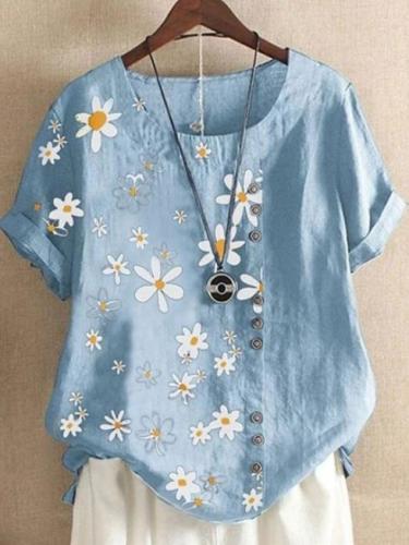 Ladies Cotton Linen Daisy Flower Short Sleeve Shirt