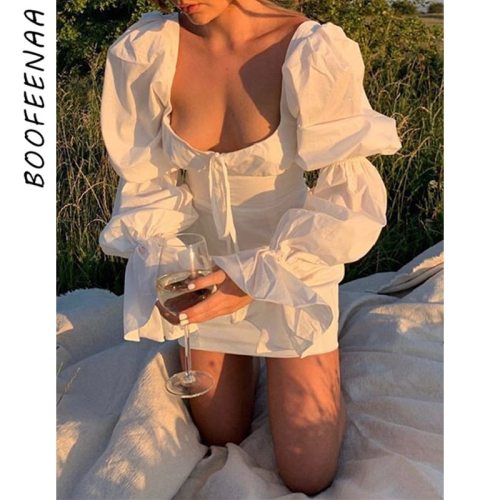 BOOFEENAA White Vintage Puff Sleeve Mini Dress Fall Vestidos Mujer 2020 Vacation Elegant Sexy Long Sleeve Bodycon Dress C92-CD29