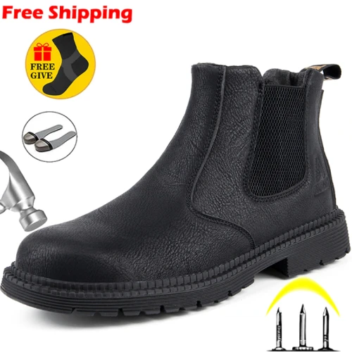 Leather Work & Safety Boots Men Chelsea Boots Indestructible Male Work Shoes Men Winter Boots Safety Shoes Men Steel Toe Shoes