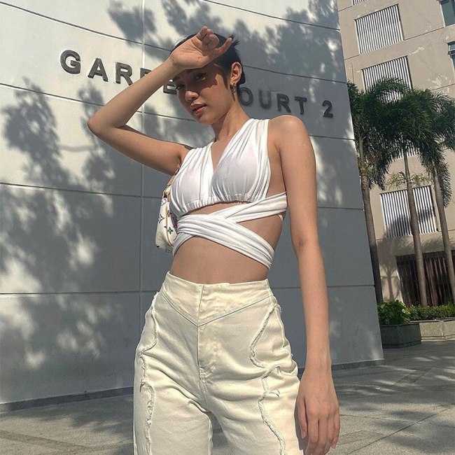Cryptographic Cross Bandage Sexy Backless White Crop Tops for Women Plunge Cropped Feminino Straps Tie Up Vest Top Streetwear